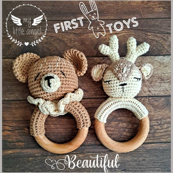 Handheld Baby Crochet Rattle | Bear | Deer | Bunny | Elephant | Unicorn | Lion | Baby Shower Gift | Baby Boy | Baby Girl | Unisex | Handmade