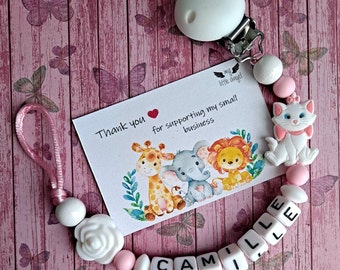 Beautiful Silicone/Wooden Pacifier Clip | Personalised Gift | Baby Girl | Pink & White | Marie | Flower | Dummy Clip | Baby Shower | MAM