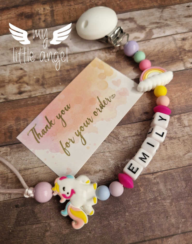 Unicorn Pacifier Clip Silicone/Wooden Personalised Gift Baby Girl Rainbow Dummy Clip Baby Shower MAM image 2