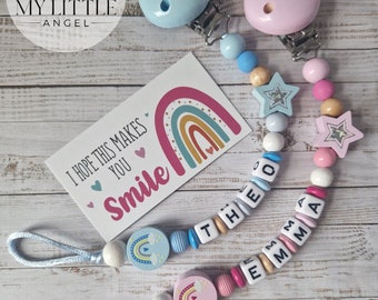 Hermoso clip ficticio personalizado / Bebé niño / Niña / Bebé arco iris / Lindo / Azul / Rosa / Regalo de baby shower / Cadena de chupete / MAM