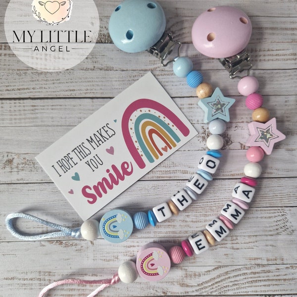 Beautiful Personalised Dummy Clip | Baby Boy | Baby Girl | Rainbow Baby | Cute | Blue/Pink | Baby Shower Gift | Pacifier Chain | MAM