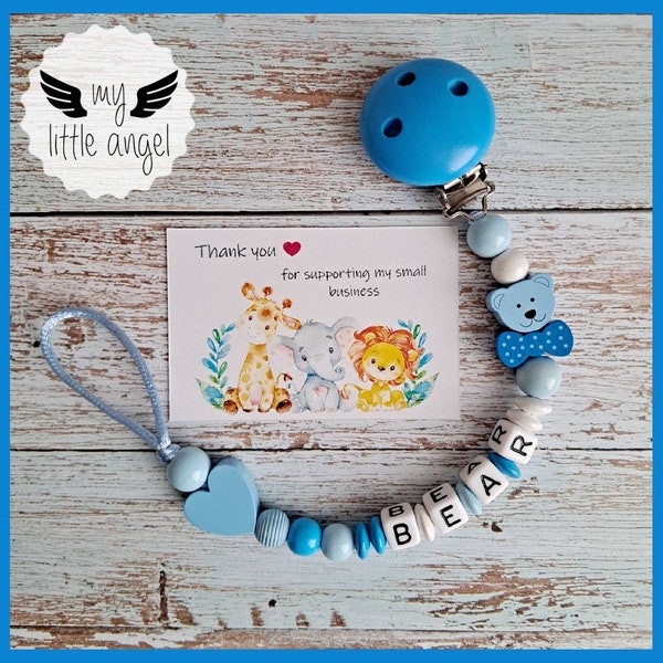 Beautiful Personalised Bear with Bow Dummy Clip |  Baby Girl/Baby Boy | Unisex | Pink/Blue/Grey | Pacifier Chain | Gift | Baby Shower | MAM