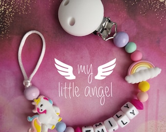 Unicorn Pacifier Clip | Silicone/Wooden | Personalised Gift | Baby Girl | Rainbow | Dummy Clip | Baby Shower | MAM