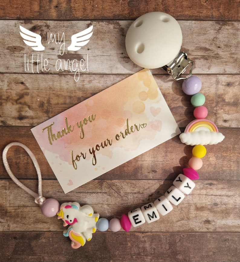 Unicorn Pacifier Clip Silicone/Wooden Personalised Gift Baby Girl Rainbow Dummy Clip Baby Shower MAM image 3