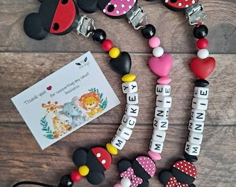Personalised Minnie / Mickey Mouse Dummy Clip | Gift | Baby Shower | Pacifier Chain | Baby Girl | MAM |