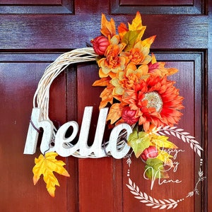 Hola corona de otoño / otoño floral / hojas de naranja / cartel de puerta de bienvenida