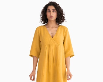 Robe jaune coup de soleil pour femme/ 100 % lin/ Robe longueur thé/ Col en V avec motif plissé sur le devant/ Robe de maternité/ Cadeau de Noël pour elle/maman