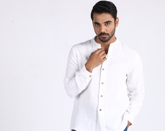 Linen shirt for men Angora White. Long sleeve, classic linen shirt with buttons. Summer shirt. Linen clothing for men