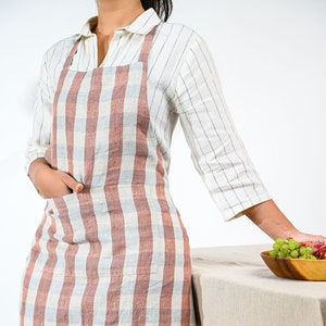 100% Linen Red Checks Apron with Pockets Handmade Kitchen Cooking Apron image 1