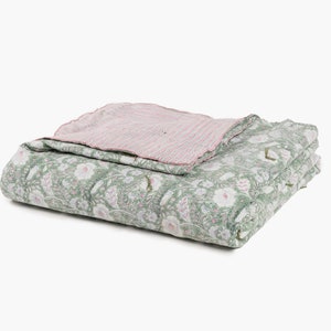 Buy Linen Hand Tucked Block Prints Quilt Online Colour Pink Single Twin XL Double Queen King Bed Sheet Set Mabel Green