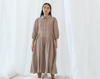 Linen Collar Shirt-Dress/ Brown Linen Long Dress/ Plus Size Dress/ 3/4 Bishop Sleeve / Pregnancy boho Dress with Pocket/ Mexican gift Dress