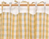 SET OF 2 PCS, 100% Linen Clara Yellow Checks Curtain, wide Yellow Checks Curtain, Multi Color Checks Curtain, Tie top Curtains