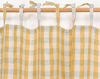 100% Linen Clara Yellow Checks Curtain, wide Yellow Checks Curtain, Multi Color Checks Curtain, Tie top Curtains, Window Curtains