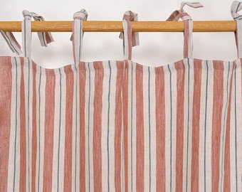 100% Linen Segue Red Stripe Curtain, wide Blue Stripe Curtain, Multi Color Stripe Curtain, Tie top Curtain, Window Curtains