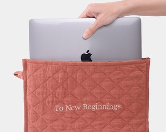 Funda MacBook de lino con cremallera, Bolsa para portátil de lino acolchado, Funda para portátil de lino, Bolsa de lino hecha a mano