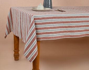 Made In India 100% European Linen  Segue  Stripe Tablecloth  color - Terracotta- Soft and Soothing Hues for Custom Handmade Tablecloths