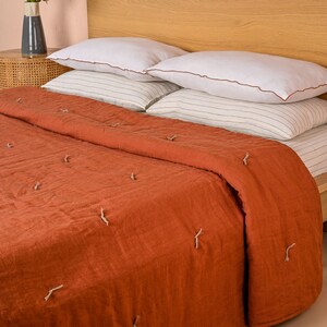 100% Linen Handmade and Solid with Hand Tucked Brown Quilt Light Weight Comforter King queen size quilt for Your Bedroom image 2