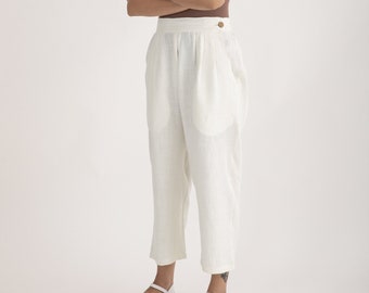 Angora White Linen Pants with twin pockets .Women summer linen pants , Classic Linen Pants , linen summer pants . Women's clothing.