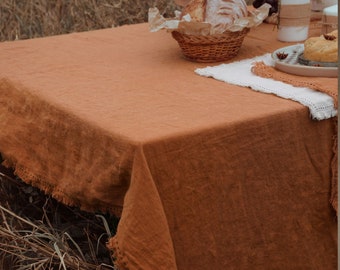 Made In India 100% European Linen Cinnamon Swept with Fringe Me Kantha Tablecloth - Soft and Soothing Hues for Custom Handmade Tablecloths