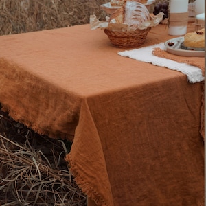 Made In India 100% European Linen Cinnamon Swept with Fringe Me Kantha Tablecloth Soft and Soothing Hues for Custom Handmade Tablecloths image 1