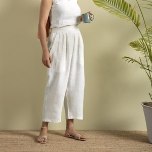 Angora White Linen Pants with twin pockets .Women summer linen pants , Classic Linen Pants , linen summer pants . Women's clothing. image 4