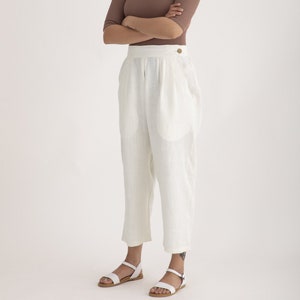 Angora White Linen Pants with twin pockets .Women summer linen pants , Classic Linen Pants , linen summer pants . Women's clothing. image 1