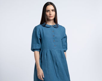 Blue Linen Dress, Linen Women Dress with peter pan collar and third-quarter Elastic sleeves Luxury Summer Linen Dresses For Women