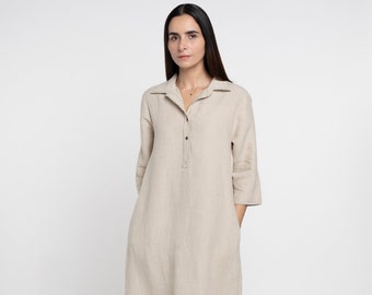 Natural Linen Dress/ Plus size Dress/ Long Sleeve with Hand work/ Collar Shirt Dress with Front Button/ Maxi Length/Boho Dress with Pocket.