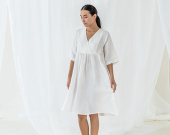Linen WHITE Dress/ Women Dress/ Tea Length Dress/ V-neck/ Half Sleeve/ Maternity Dress/ Gift for Her/ Unique holiday gift/ Anniversary Gift