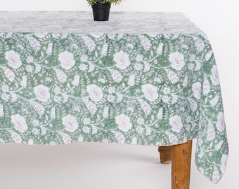 100 % Linen Table Cloth in block prints of stripes and floral patterns (Dios Green), Table clothes, Linen fabric Table Cloth, European linen