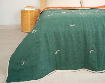 Green And Mud Brown Linen Quilt/ Linen Handmade Quilt Light Weight Comforter King queen size quilt for Your Bedroom/ Gift for Christmas