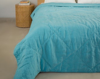 Linen Blue Quilt Blanket Bedspread, 100% Handmade and Solid Color Quilt Light weight Comforter King queen size quilt for Your Bedroom