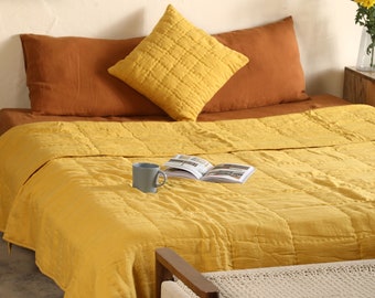 Yellow Handmade Quilt/ 100% Linen Handmade Blanket Bedspread/ Light Weight Comforter/ King/ Queen Size Quilt for Your Bedroom