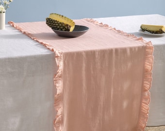 100 % Linen Clay Caffeine Table Runner With Ruffles - Elegant Linen Ruffles Table Runner