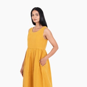 Linen Yellow Dress with Round Neck/ Christmas Gift for Her/ Handmade Clothing/ Sleeveless Dress, Linen Sundress, Maternity Dress with Pocket