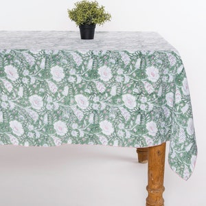 100 % Linen Table Cloth in block prints of stripes and floral patterns Dios Green, Table clothes, Linen fabric Table Cloth, European linen image 1