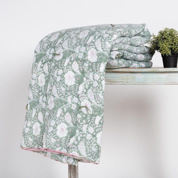 Buy Linen Hand Tucked Block Prints Quilt Online Colour Pink Single Twin XL Double Queen King  Bed Sheet Set