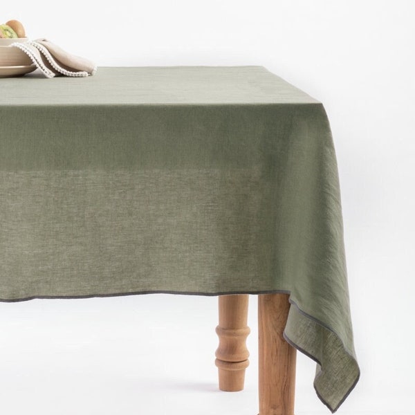 Made In India 100% European Linen Grey olive Color Nappe avec surjet - Teintes douces et apaisantes pour nappes faites à la main sur mesure