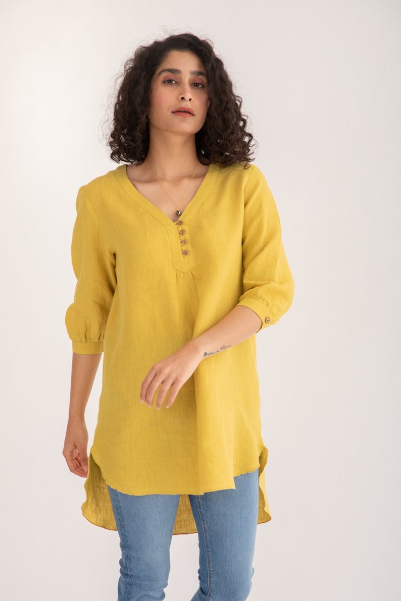 Summer Yellow linen Primrose Top . with sleeves, loose fitting , knee-length linen summer dress/top . Women's clothing. image 1