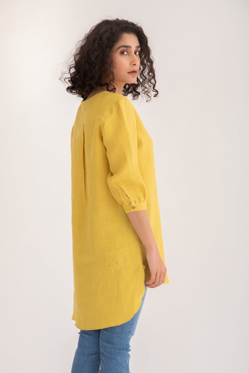 Summer Yellow linen Primrose Top . with sleeves, loose fitting , knee-length linen summer dress/top . Women's clothing. image 3