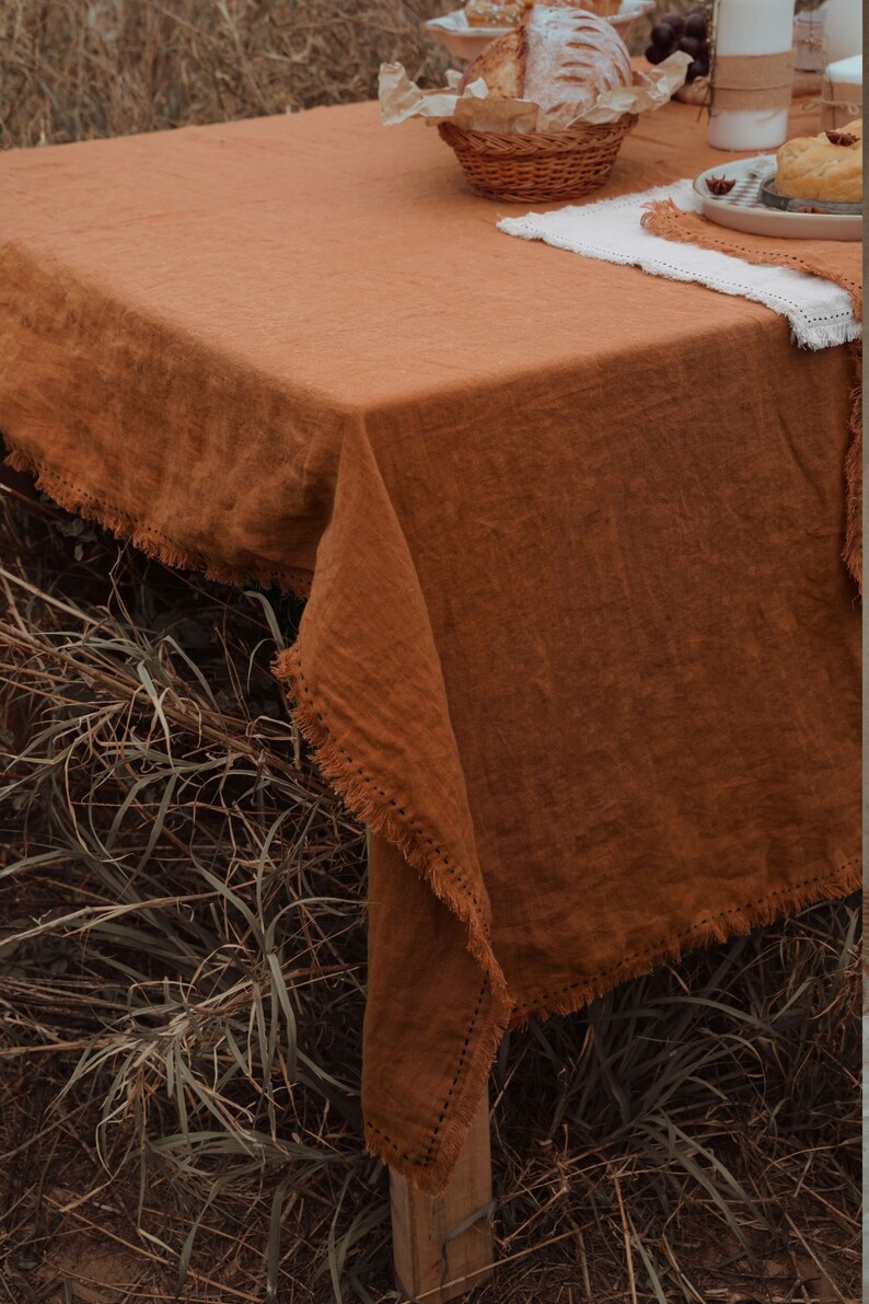 Made In India 100% European Linen Cinnamon Swept with Fringe Me Kantha Tablecloth Soft and Soothing Hues for Custom Handmade Tablecloths image 1