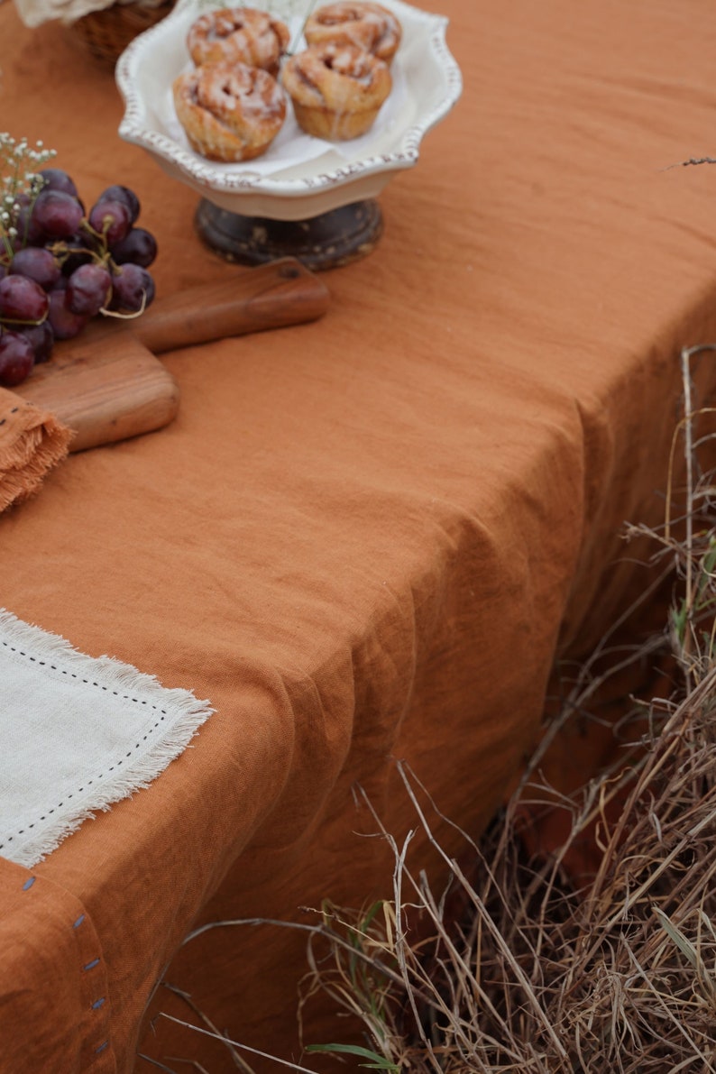 Made In India 100% European Linen Cinnamon Swept with Fringe Me Kantha Tablecloth Soft and Soothing Hues for Custom Handmade Tablecloths image 3