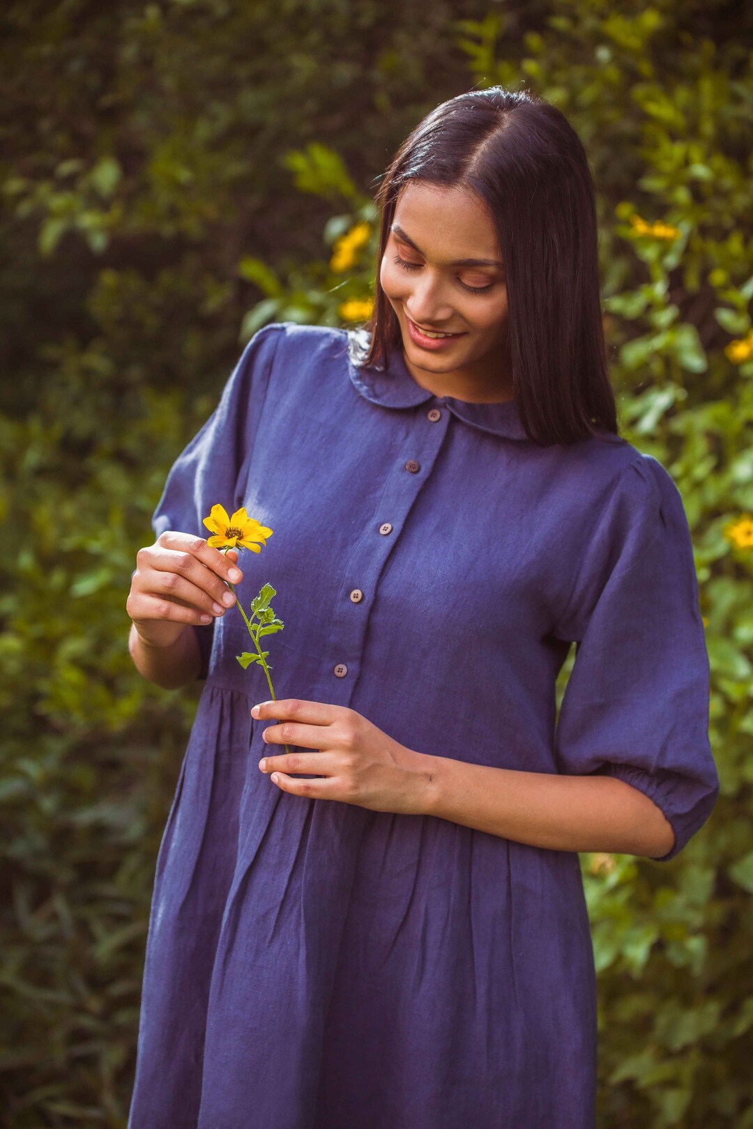 Linen Blue Shirt Dress/ Collar Dress With Front Button/ Christmas Gift