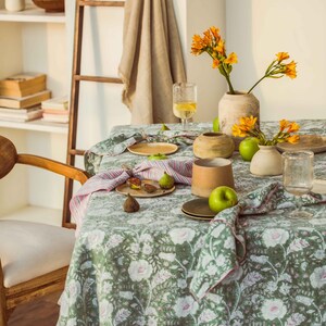 100 % Linen Table Cloth in block prints of stripes and floral patterns Dios Green, Table clothes, Linen fabric Table Cloth, European linen image 3