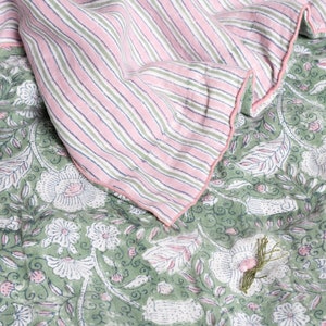 Buy Linen Hand Tucked Block Prints Quilt Online Colour Pink Single Twin XL Double Queen King Bed Sheet Set image 5