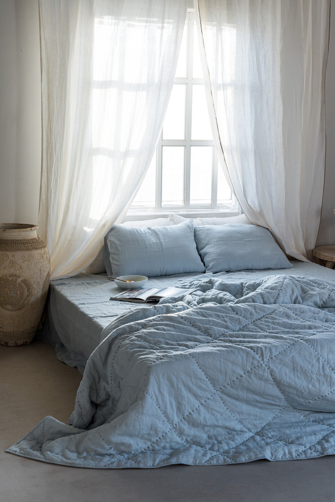 Sky Blue Linen Quilt/ Linen Handmade Quilt Light Weight Comforter King