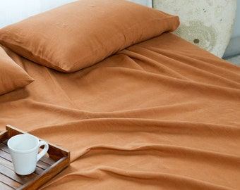 Cinnamon Organic Bedding Set/ Bed Set/ Natural Linen/ Linen Sheets/ Luxury Bedding/ Stonewashed Linen Fitted Sheet King/ Queen/ Double/ Twin