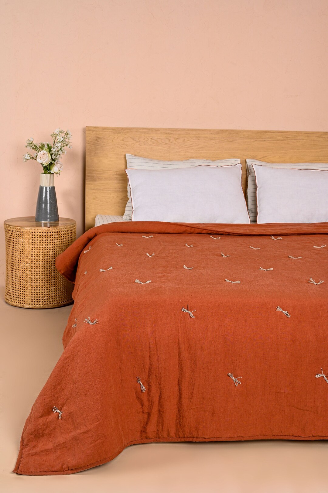 100 Linen Handmade and Solid With Hand Tucked Brown Quilt Light Weight