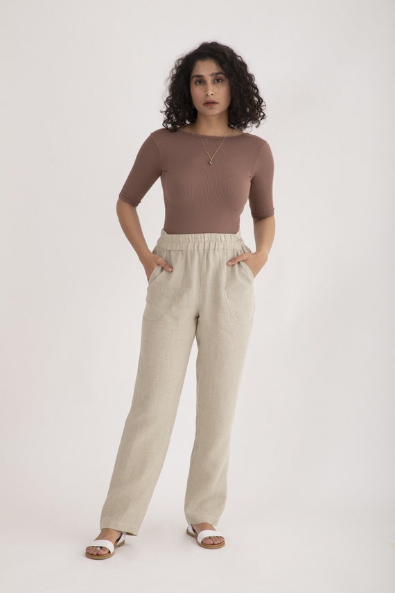 Oatmeal Linen Pants With Twin Pockets .women Summer Linen Pants , Elastic Linen  Pants , Linen Summer Pants . Women's Clothing. -  Canada