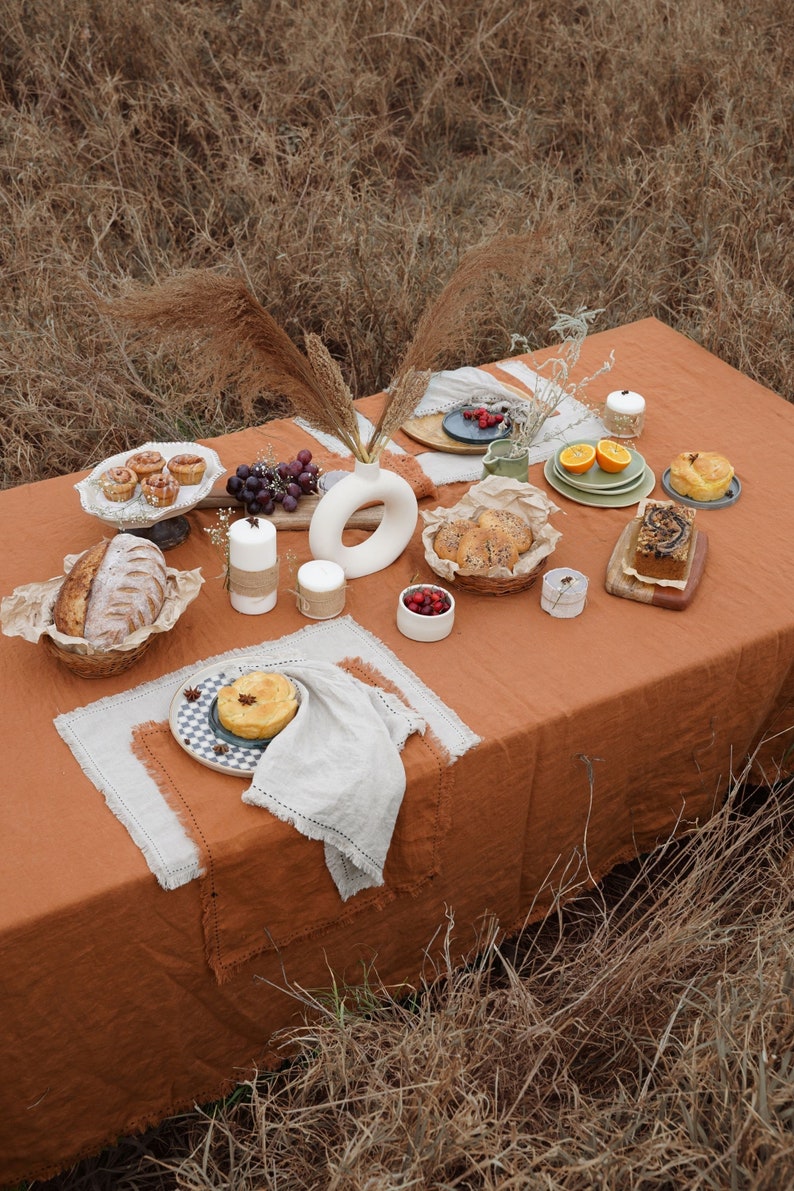 Made In India 100% European Linen Cinnamon Swept with Fringe Me Kantha Tablecloth Soft and Soothing Hues for Custom Handmade Tablecloths image 2